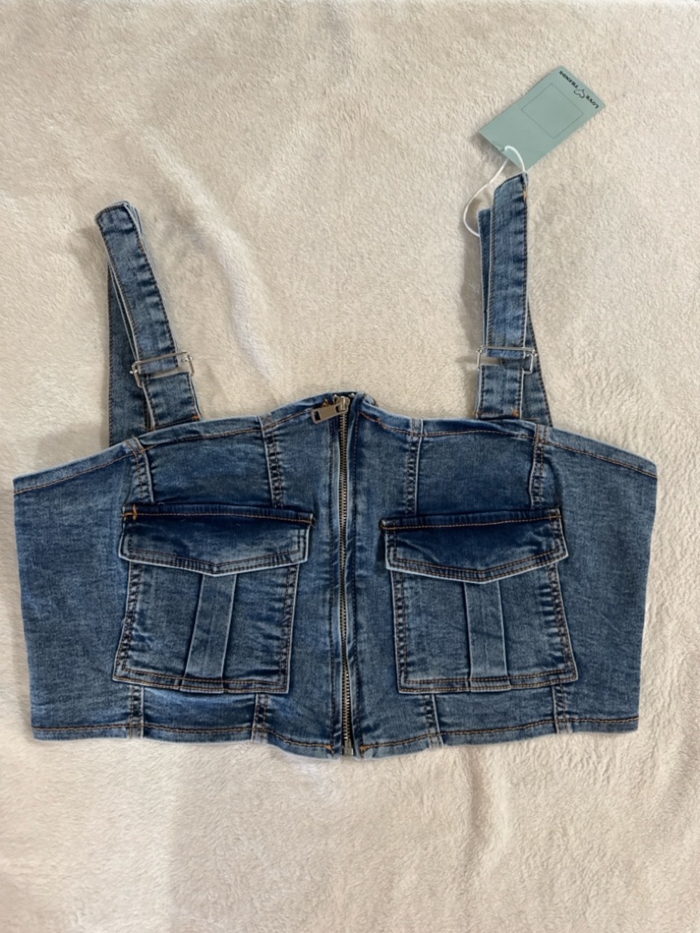 Denim Corset Top Cargo Pocket Zip Front Y2K Festival Crop XL 40” Bust - Picture 8 of 10